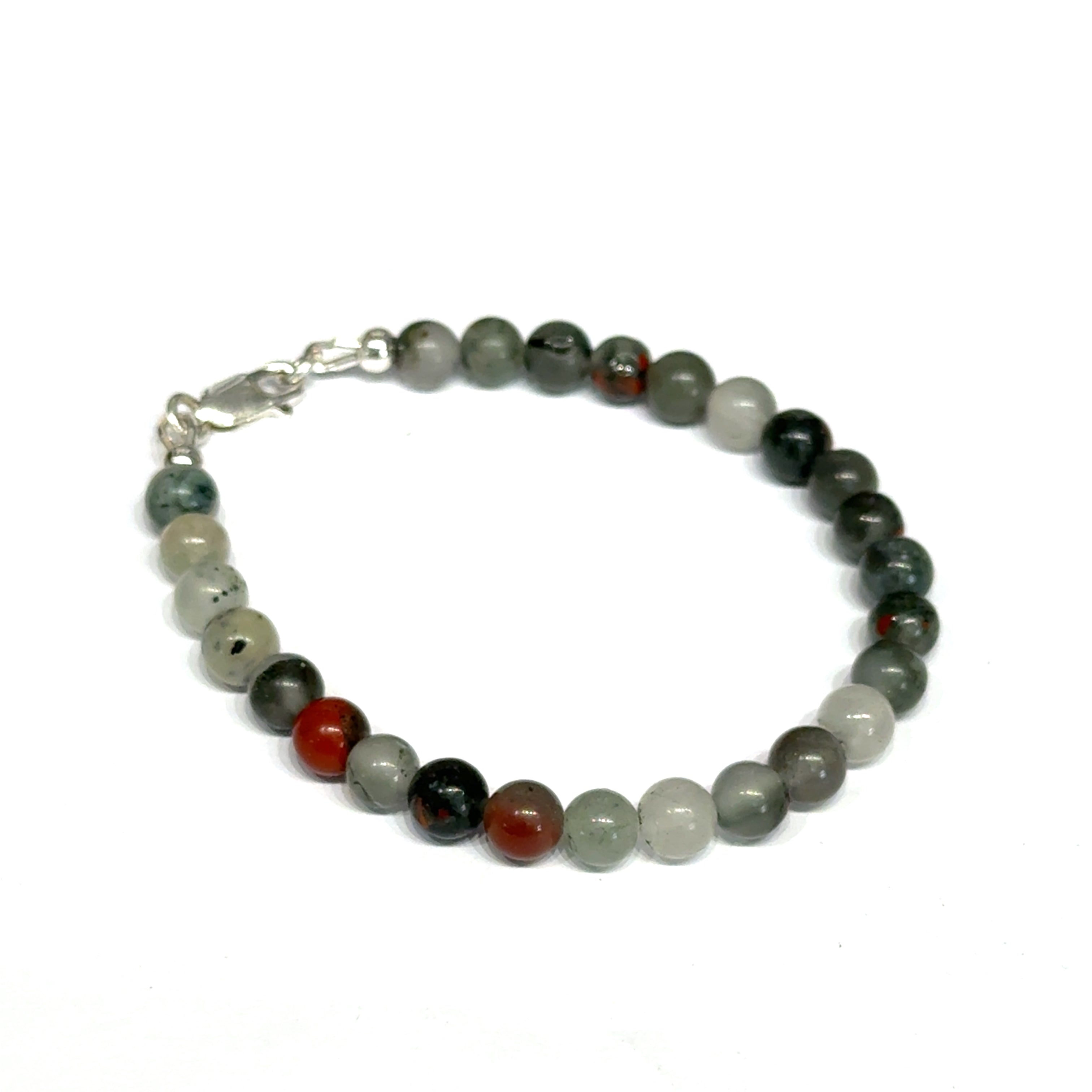 African bloodstone beaded bracelet with 6mm smooth round gemstones and sterling silver lobster claw clasp for courage and vitality on a white background, front right angle view. 
