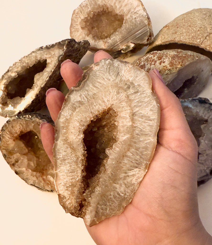 Agate Geode grouping for Geode bucket on white in hand view
