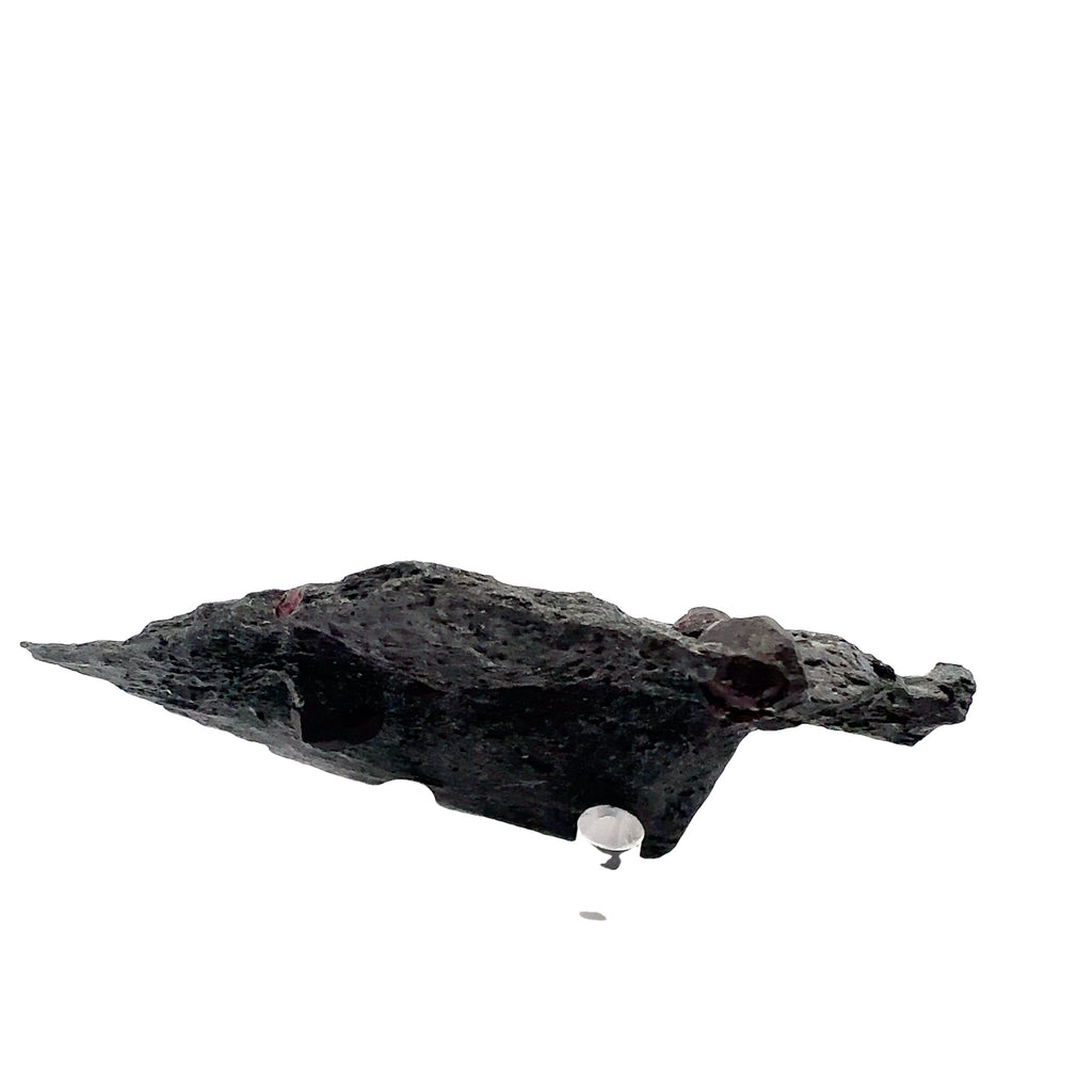 Almandine Garnet Raw Gemstone with Graphite on white back view
