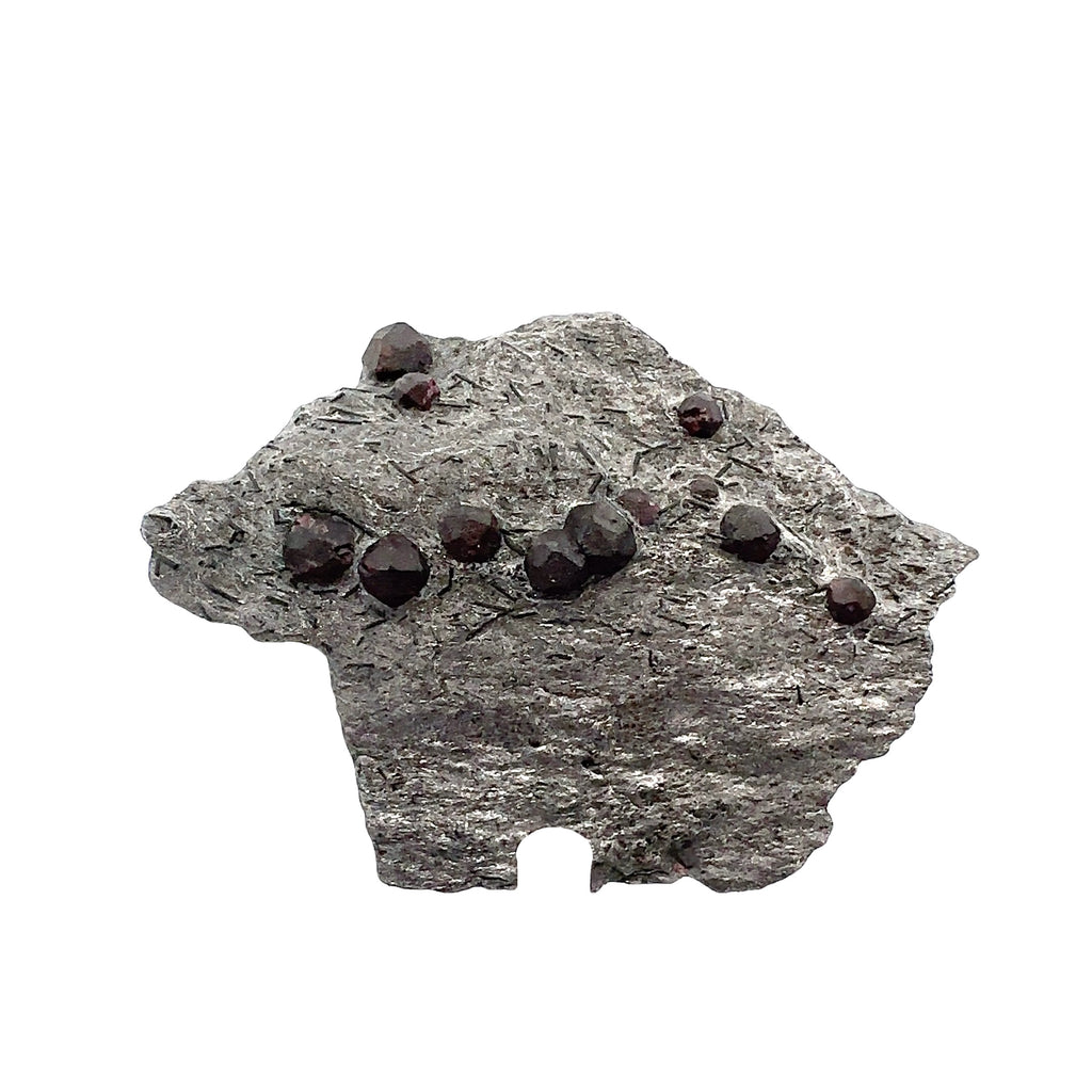 Almandine Garnet Raw Gemstone with Graphite on white front view