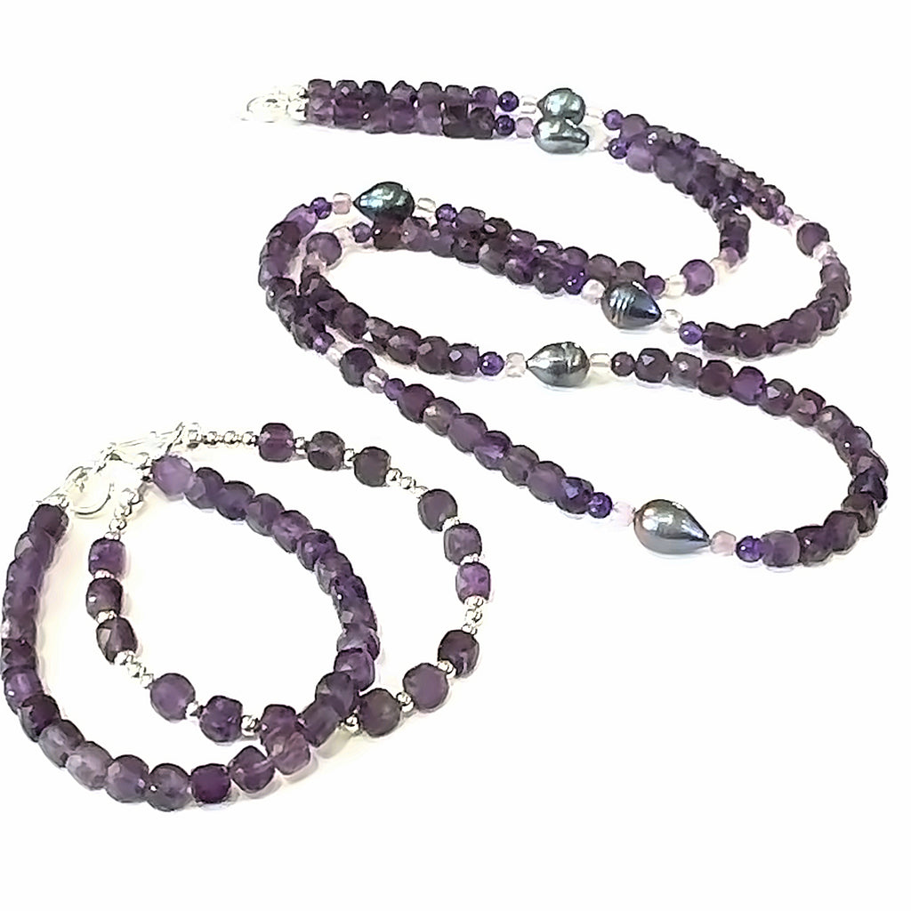 Amethyst, Ametrine & Baroque Pearl Necklace on white front and center overview with matching bracelets