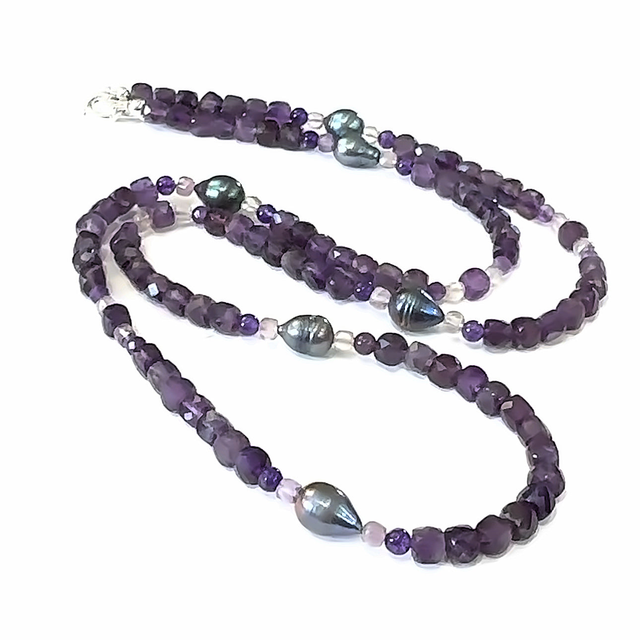Amethyst, Ametrine & Baroque Pearl Necklace on white front overview 