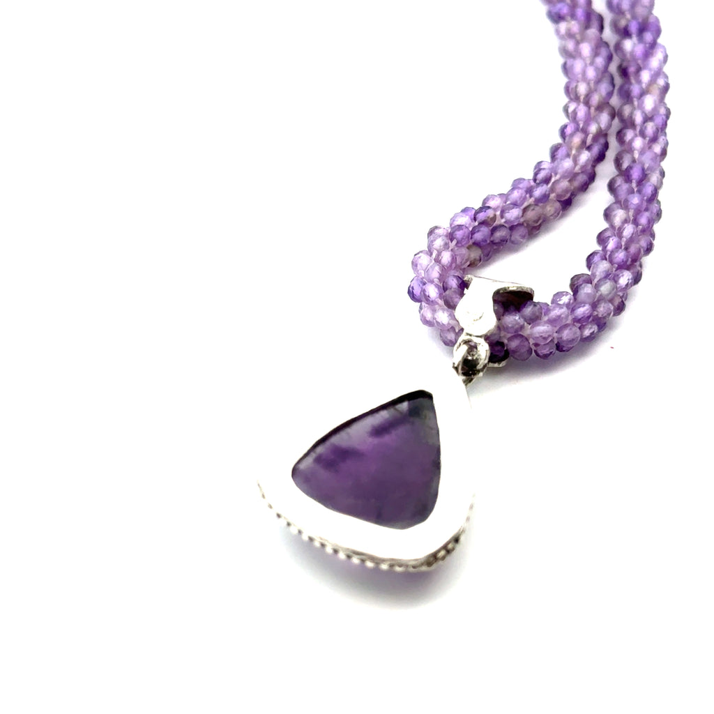 Amethyst Gemstone Crocheted Necklace with Pendant on white up back view 
