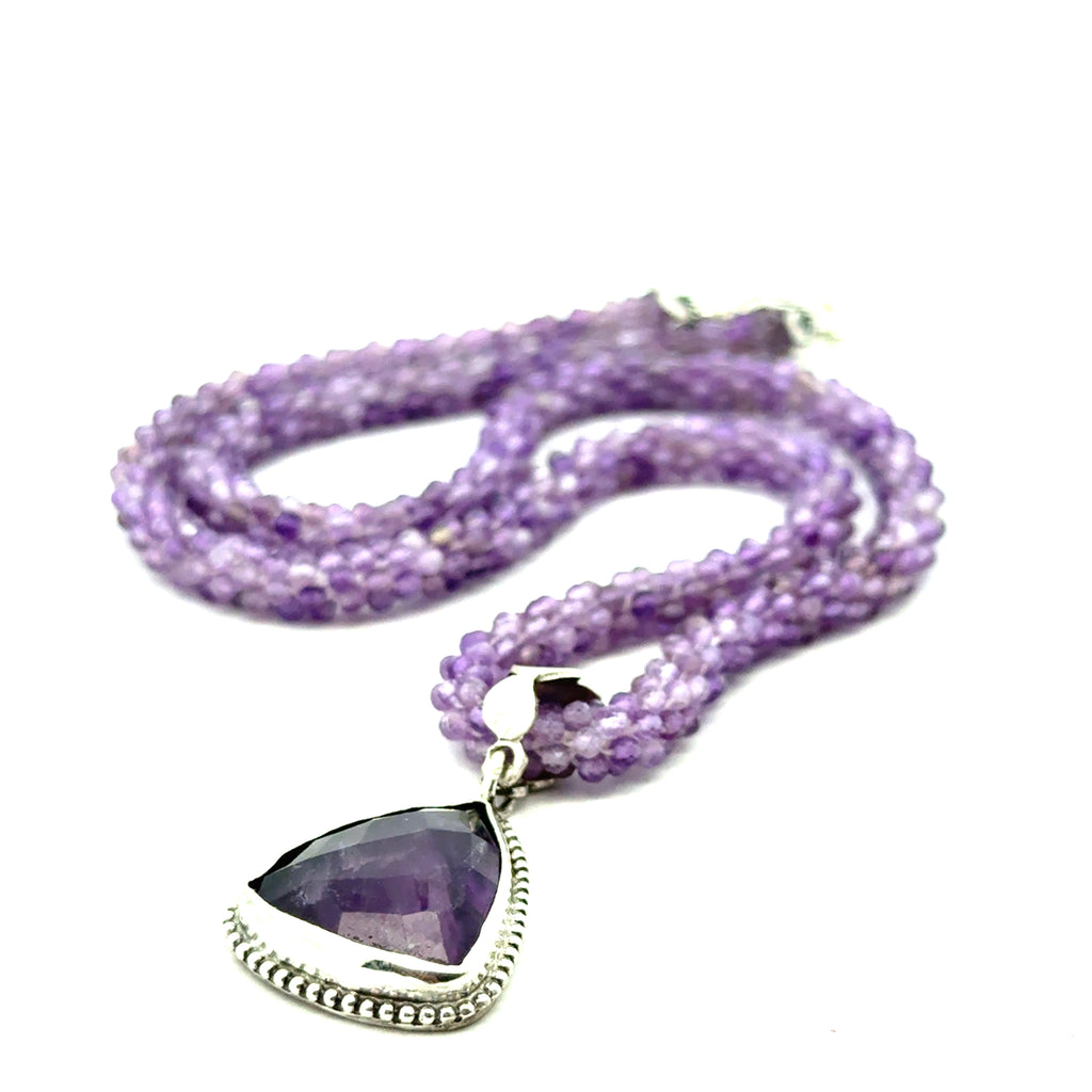 Amethyst Gemstone Crocheted Necklace with Pendant on white up close view 