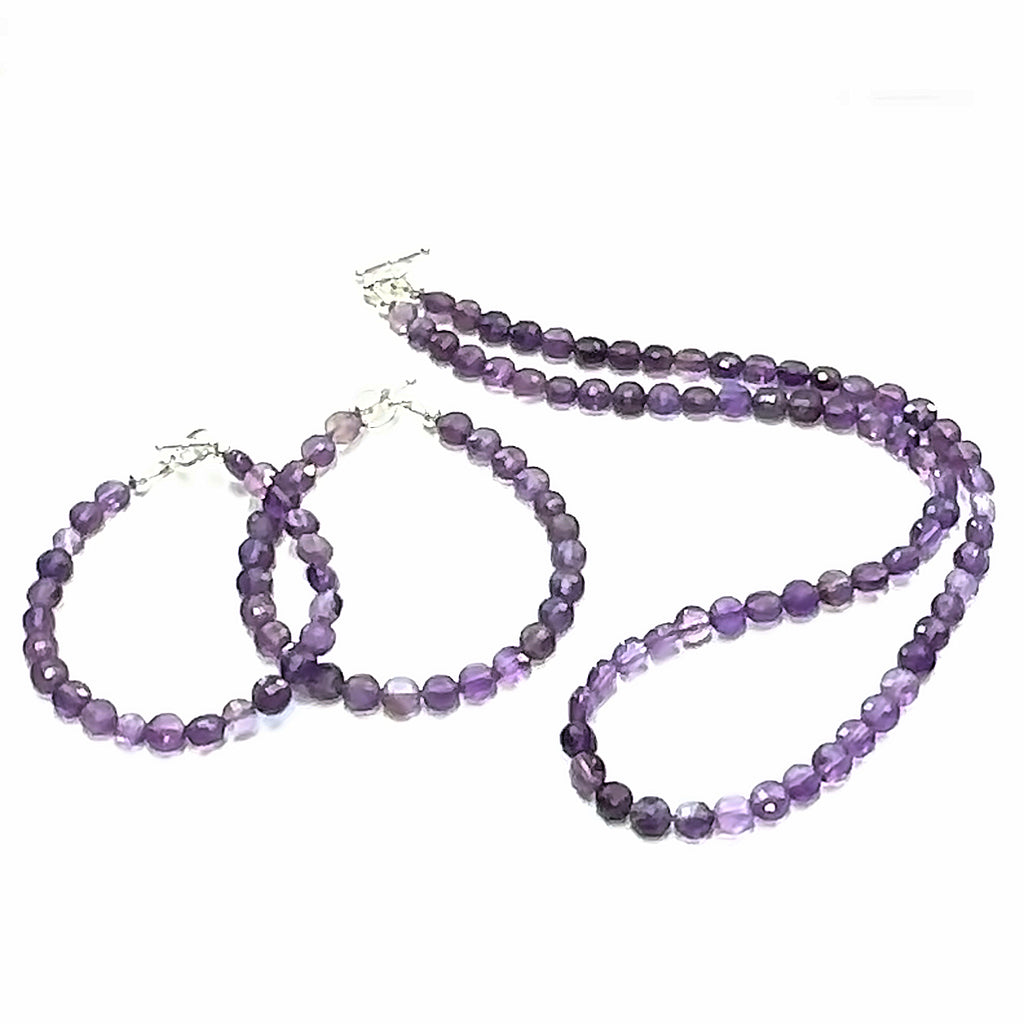 Amethyst Gemstone Necklace with matching bracelets  on white long overview