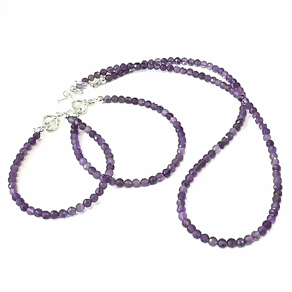 Amethyst Gemstone Necklace with matching bracelets on white overview