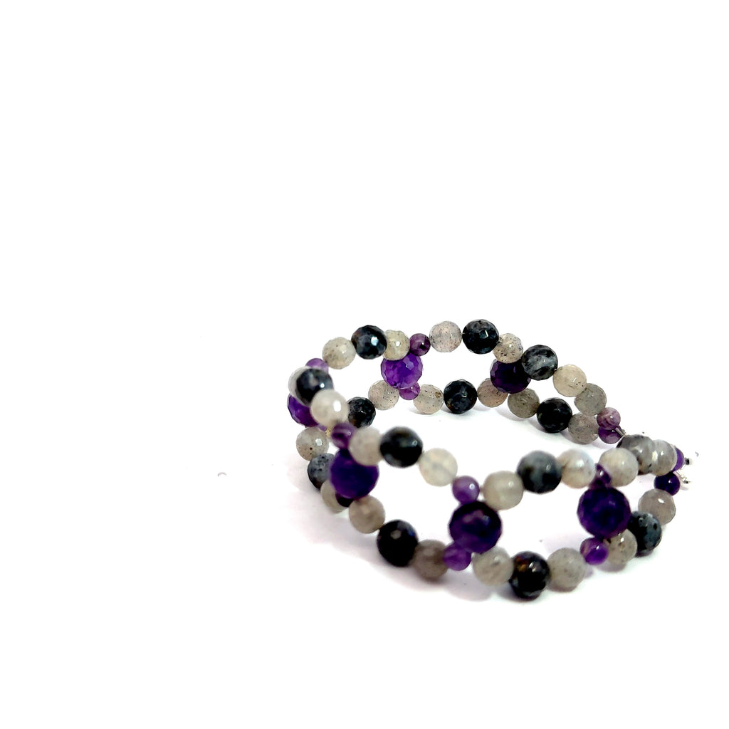 Amethyst & Labradorite Cross-Weave Bracelet on white Ethical gemstone jewelry from Boston-  bottom comer over view