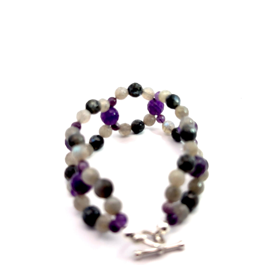 Amethyst & Labradorite Cross-Weave Bracelet on white bottom up Ethical gemstone jewelry from Boston- - round view 