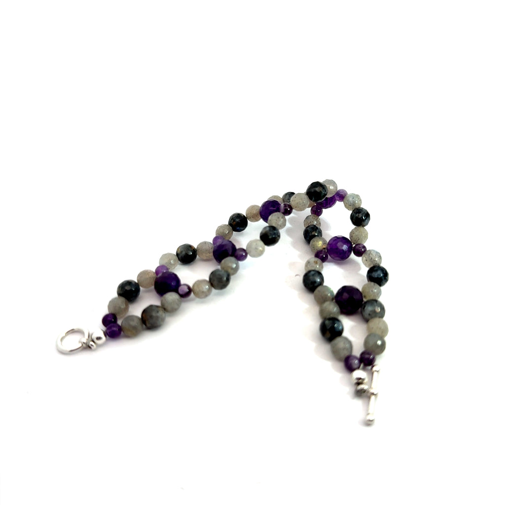 Ethical gemstone jewelry from Boston-  Amethyst & Labradorite Cross-Weave Bracelet on white center flat over view