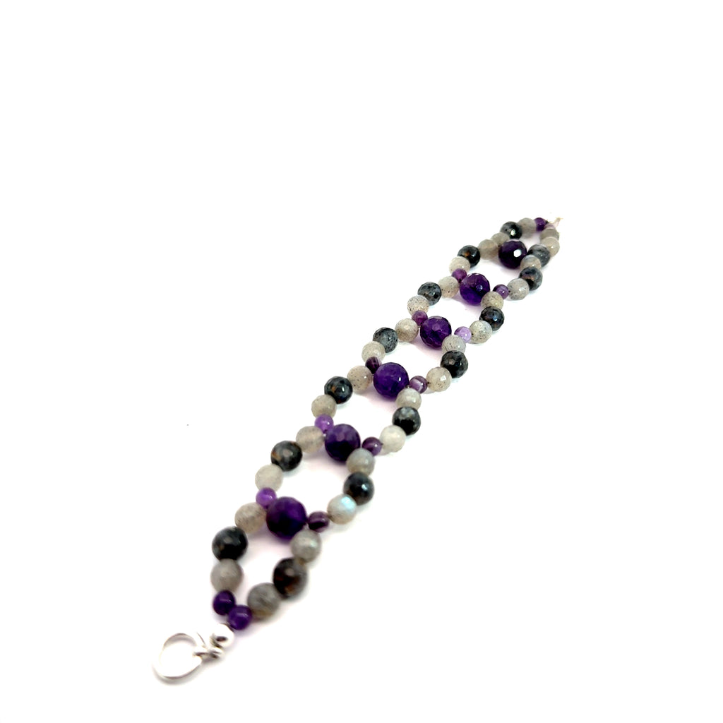 Amethyst & Labradorite Cross-Weave Bracelet on white center over view   Ethical gemstone jewelry from Boston- 