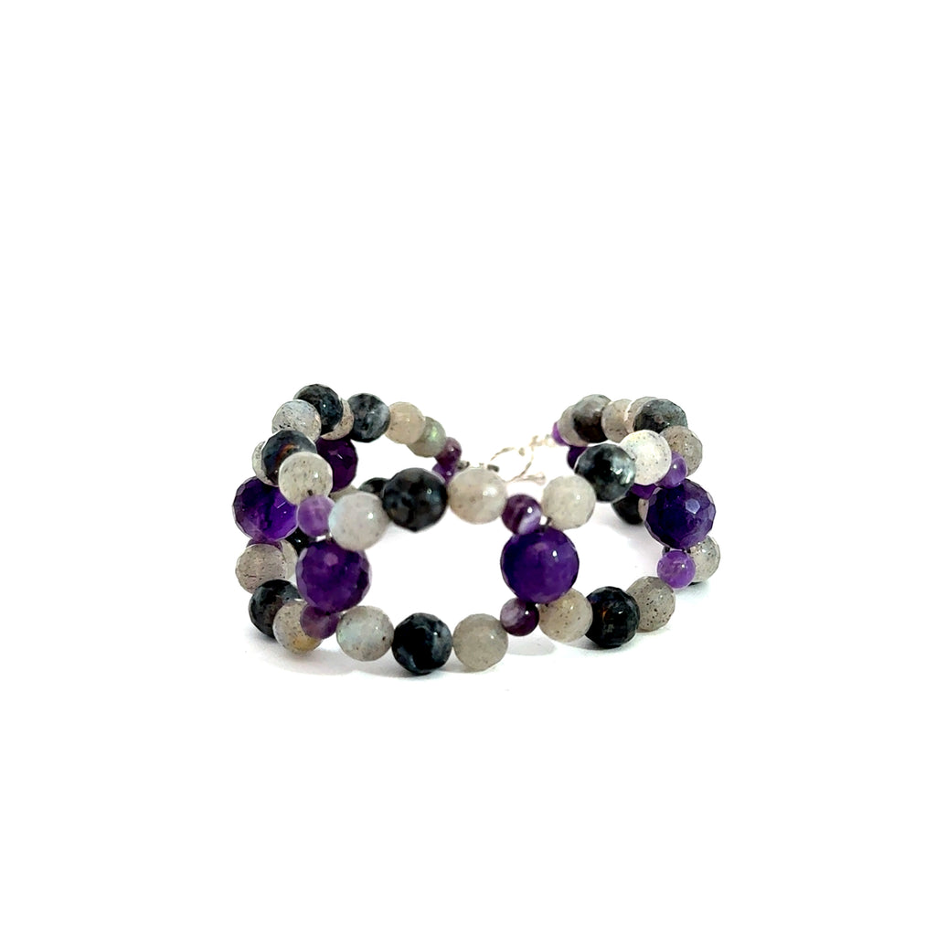 Ethical gemstone jewelry from Boston-  Amethyst & Labradorite Cross-Weave Bracelet on white center up - round over view