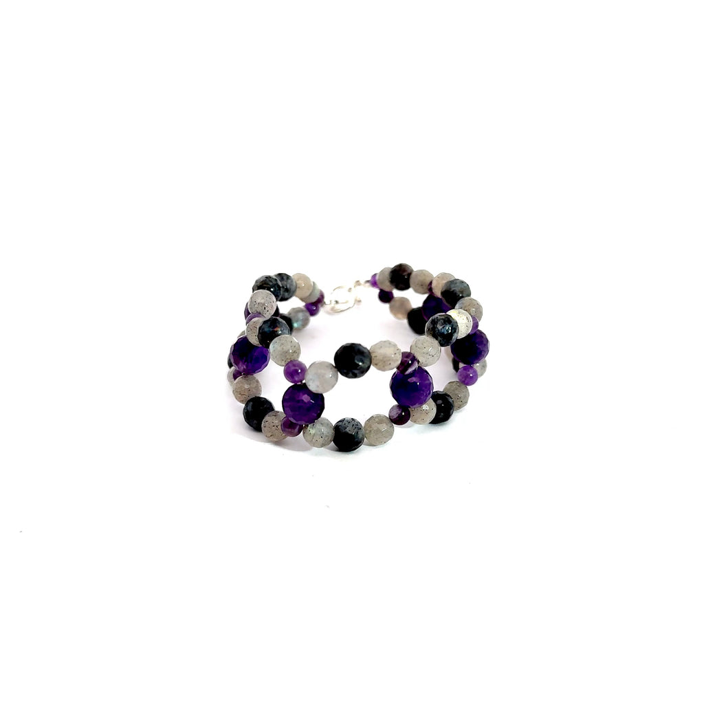 Amethyst & Labradorite Cross-Weave Bracelet on white center up - round view Ethical gemstone jewelry from Boston- 
