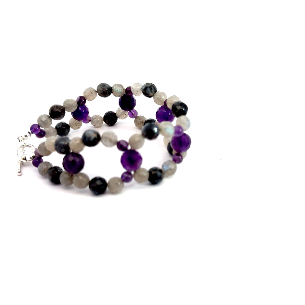 Amethyst & Labradorite Cross-Weave Bracelet on white left side up - round view