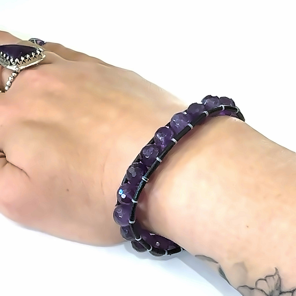 Amethyst Leather Wrap Bracelet  on white and on wrist flat overview