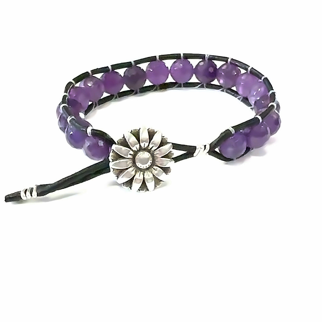 Amethyst Leather Wrap Bracelet  on white back overview