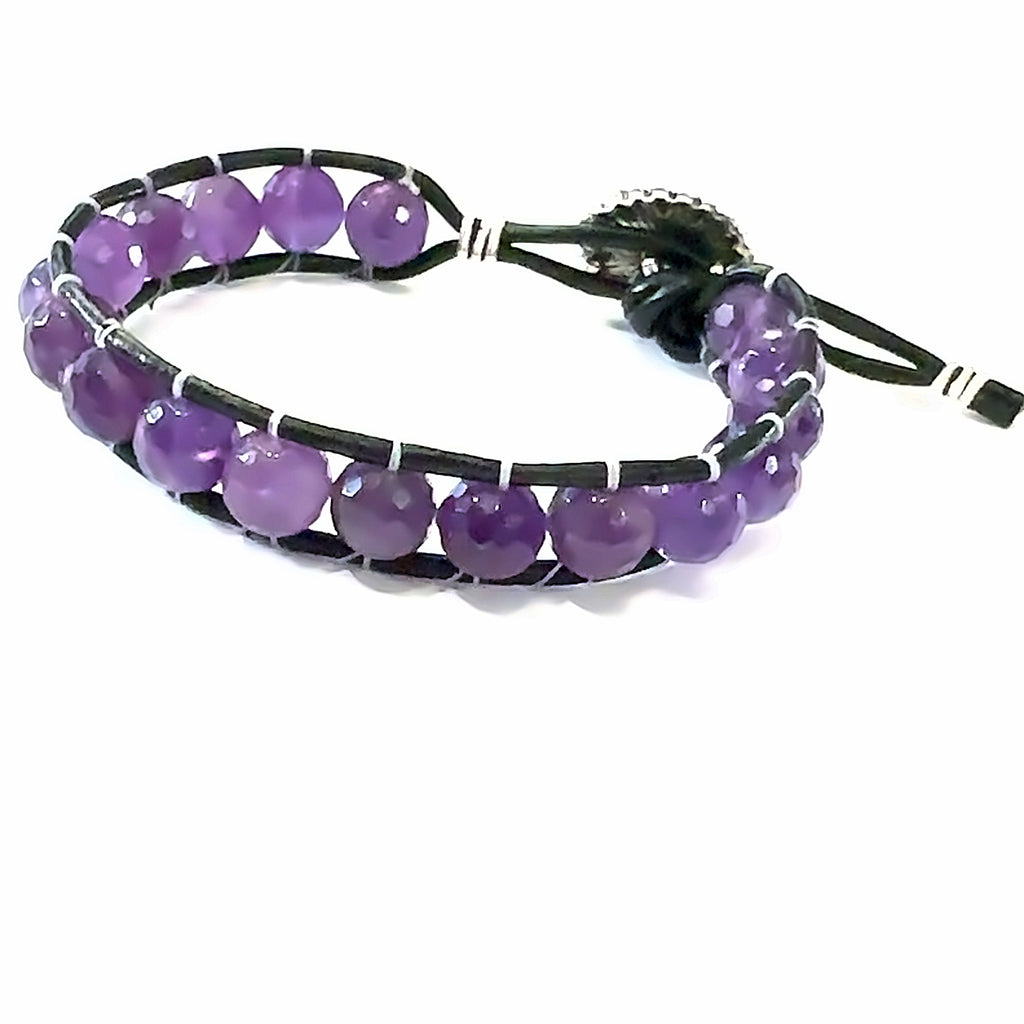 Amethyst Leather Wrap Bracelet  on white  front  angled overview