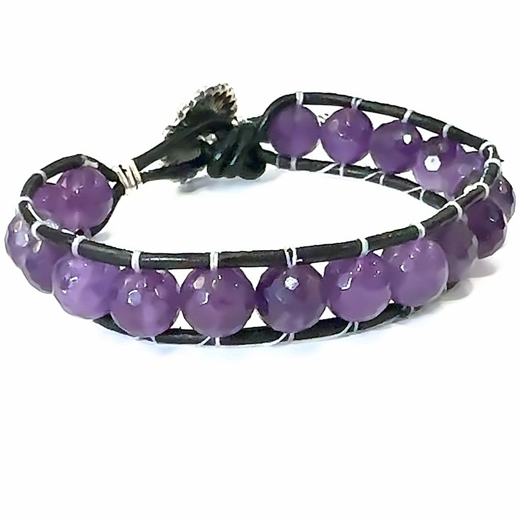 Amethyst Leather Wrap Bracelet  on white  front center overview
