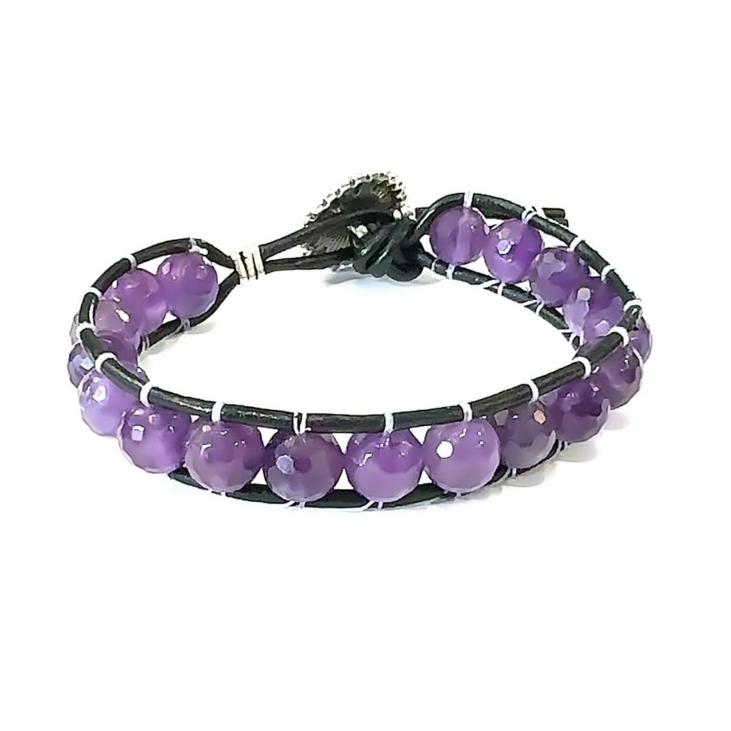 Amethyst Leather Wrap Bracelet  on white front overview