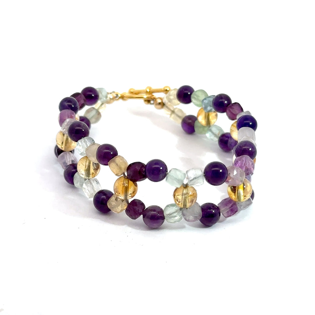 Amethyst, Rainbow Fluorite & Citrine Cross-Weave Bracelet on white center view