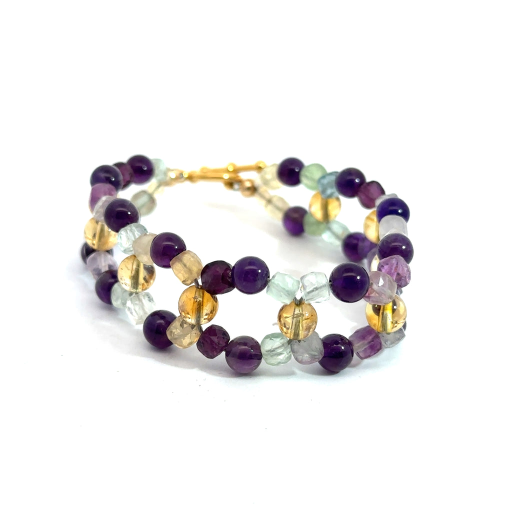 Amethyst, Rainbow Fluorite & Citrine Cross-Weave Bracelet on white front and angled view