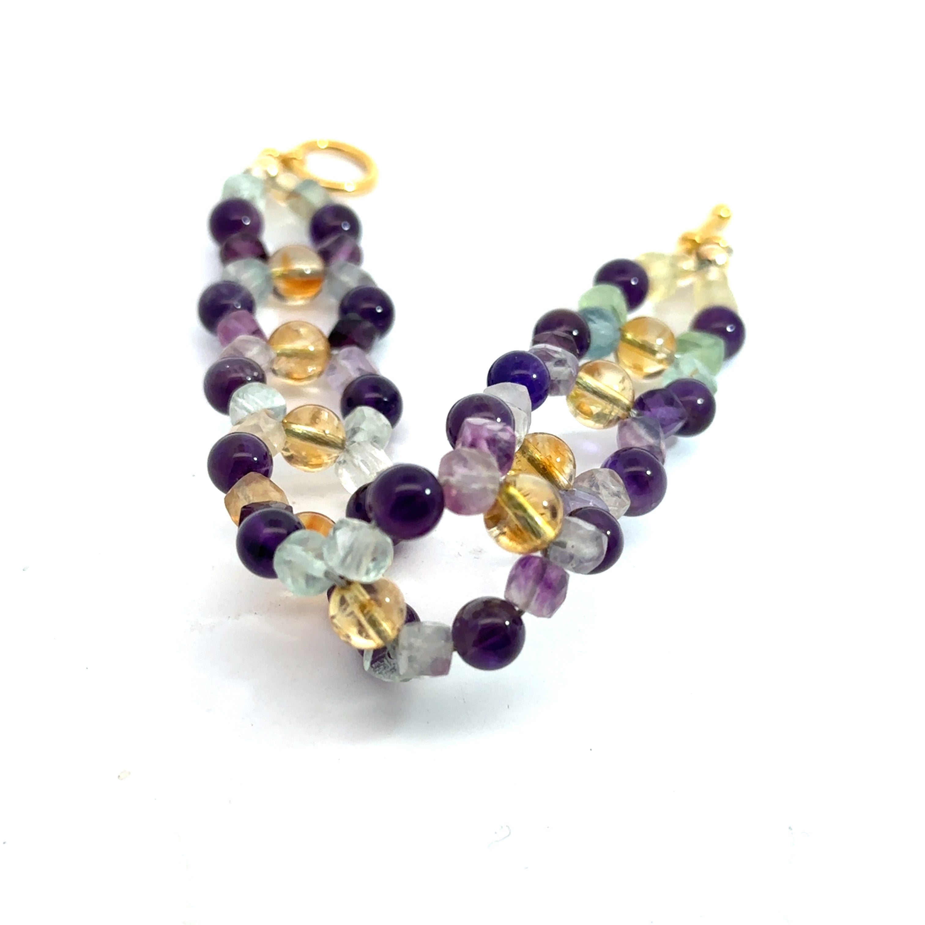 Amethyst, Rainbow Fluorite & Citrine Cross-Weave Bracelet on white front and center view