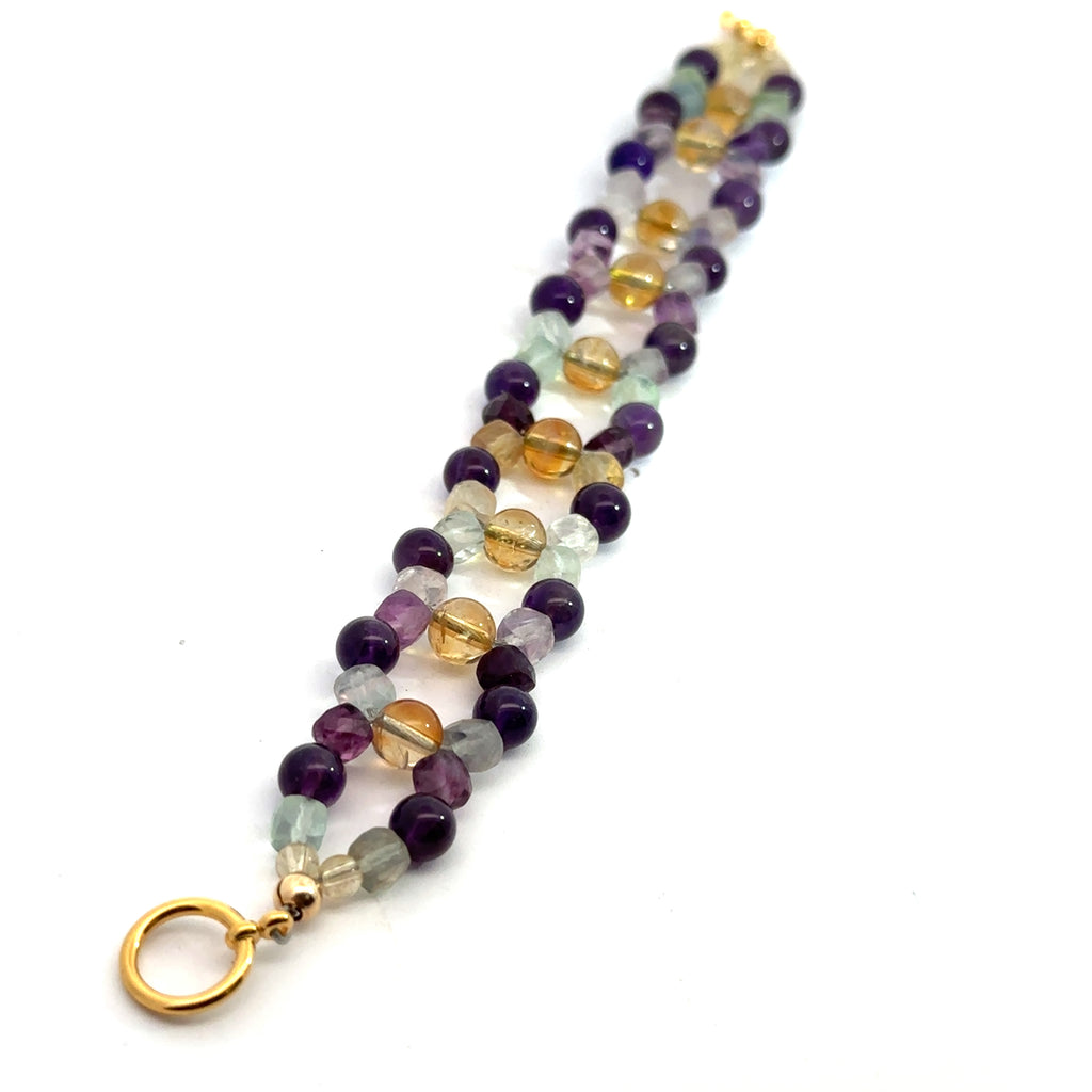 Amethyst, Rainbow Fluorite & Citrine Cross-Weave Bracelet on white front and long view