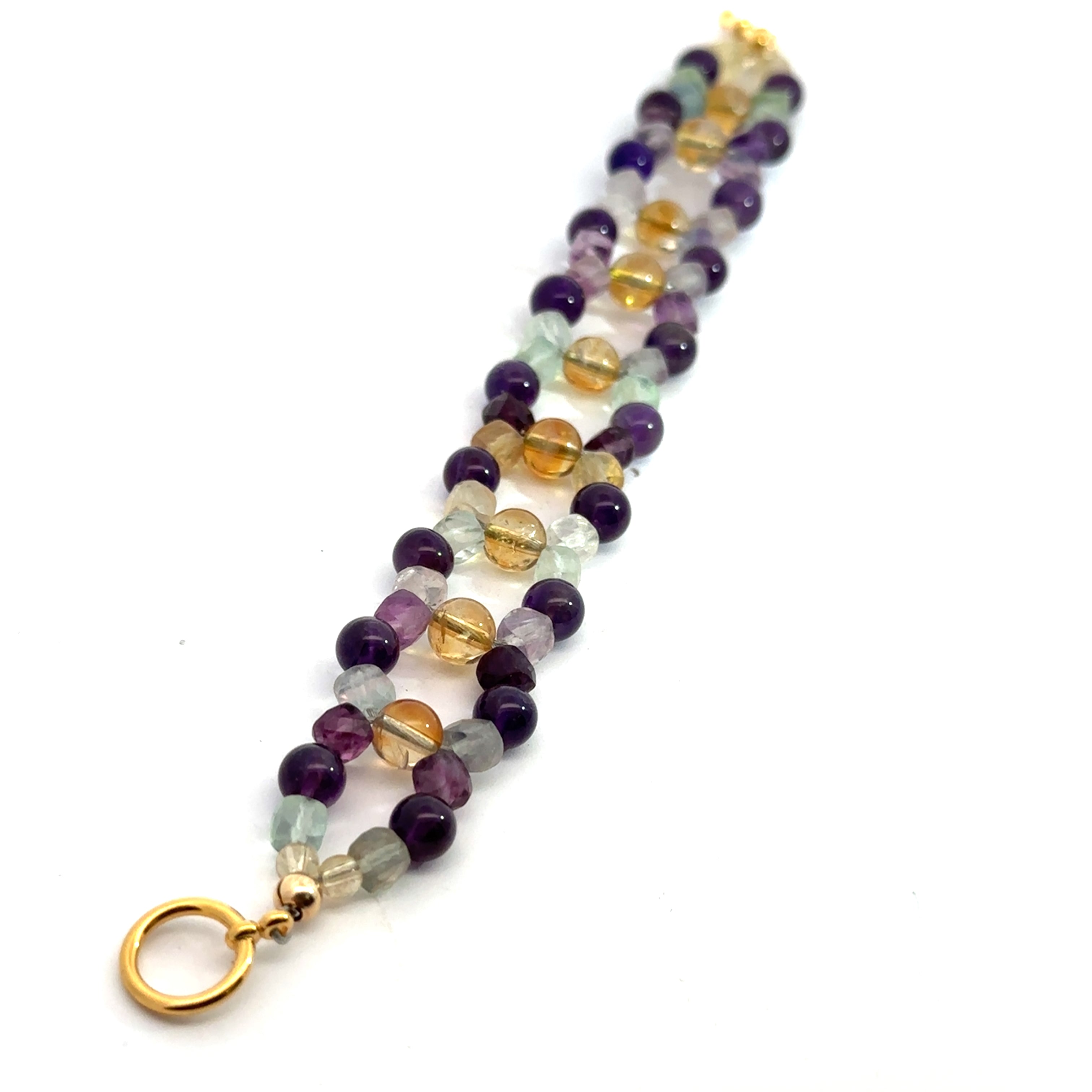 Amethyst, Rainbow Fluorite & Citrine Cross-Weave Bracelet on white front and long view