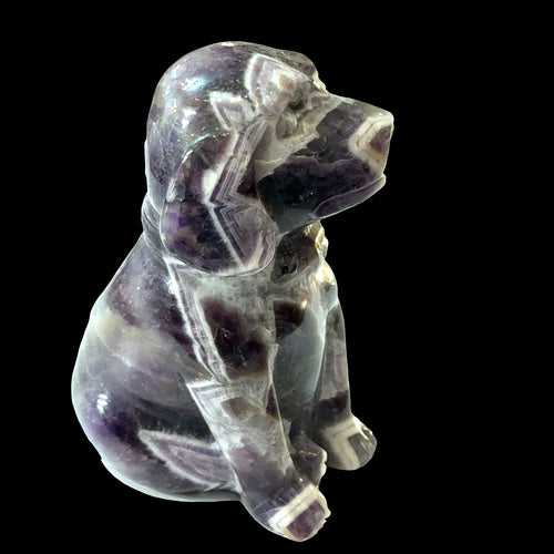 Amethyst Trapiche Gemstone Carved  Dog on a black background, left side view.