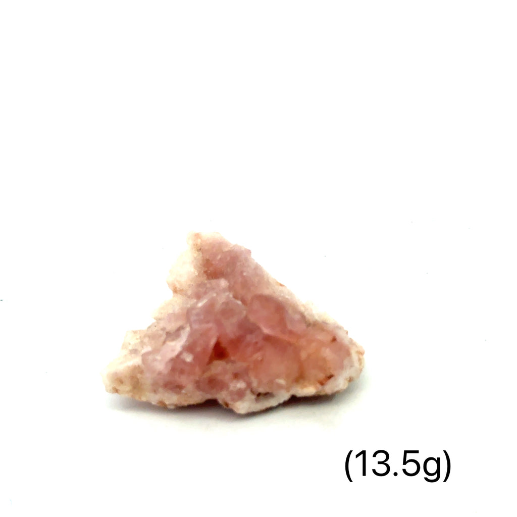 Close-up of AAA-grade Pink Amethyst cluster displaying translucent quartz and texture on white  (13.5g) overview