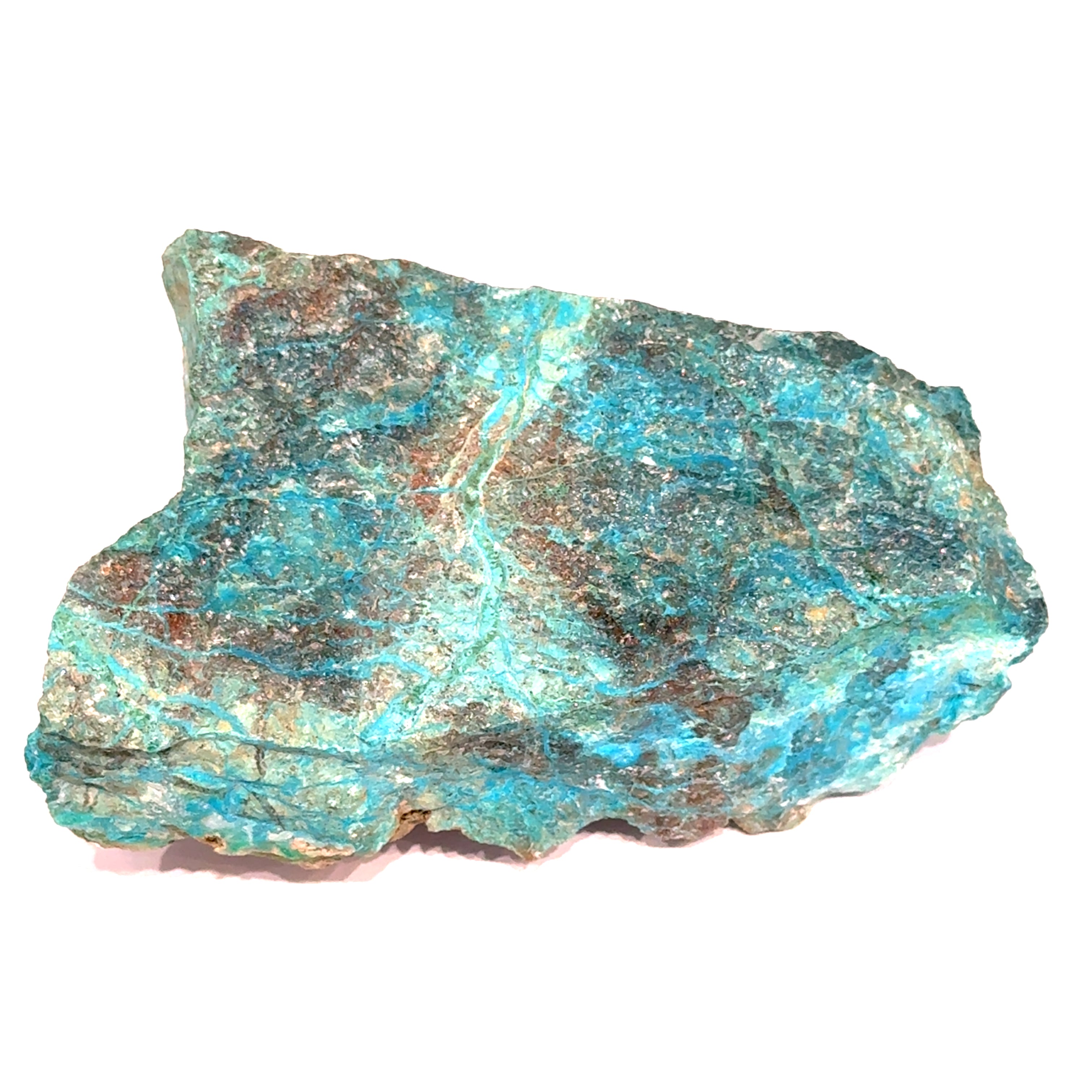 An Extra large raw blue river chrysocolla display specimen 1.58 pounds with swirling teal, blue, and green patterns on a white background, front overview. 