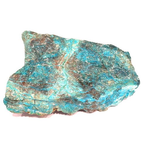 An Extra large raw blue river chrysocolla display specimen 1.58 pounds with swirling teal, blue, and green patterns on a white background, front overview. 