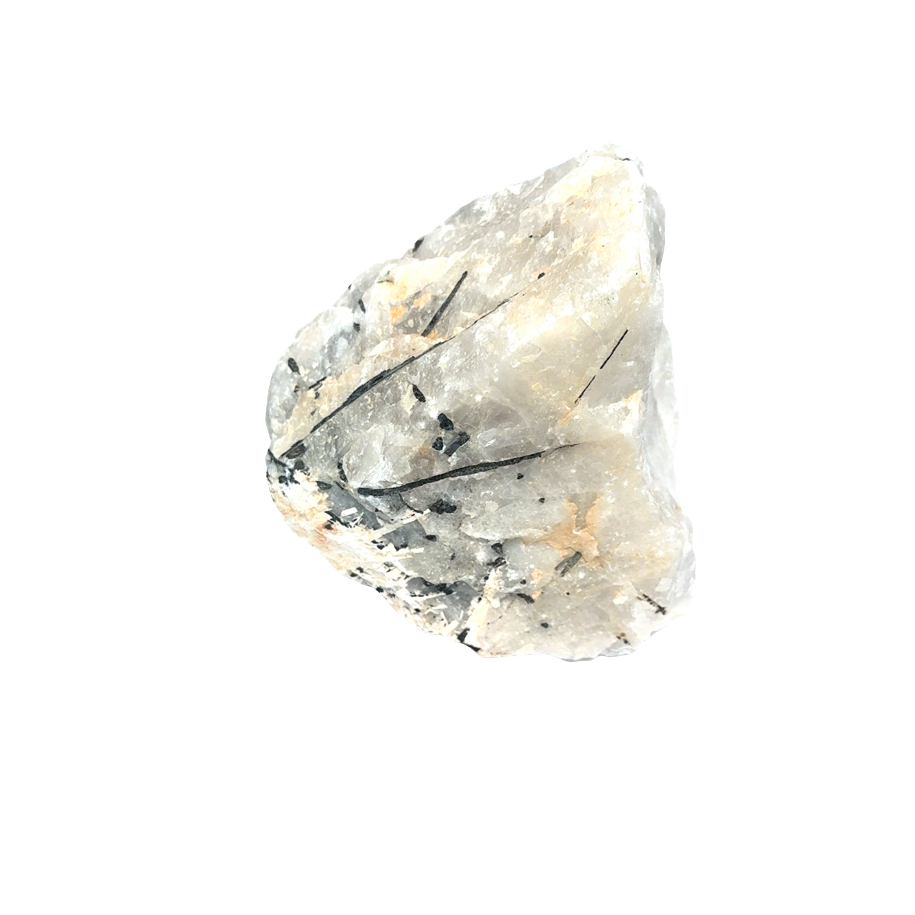 An Extra large raw tourmalinated moonstone specimen 4 pounds with black tourmaline needles through pearlescent white moonstone on a white background, front view. 