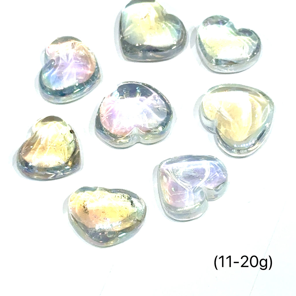 Angel Aura Quartz Gemstone Heart grouping 11-20g on white overview.