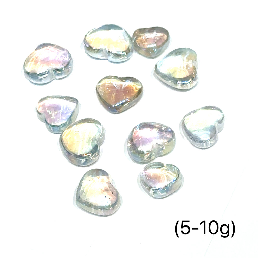 Angel Aura Quartz Gemstone Heart grouping 5-10g on white overview