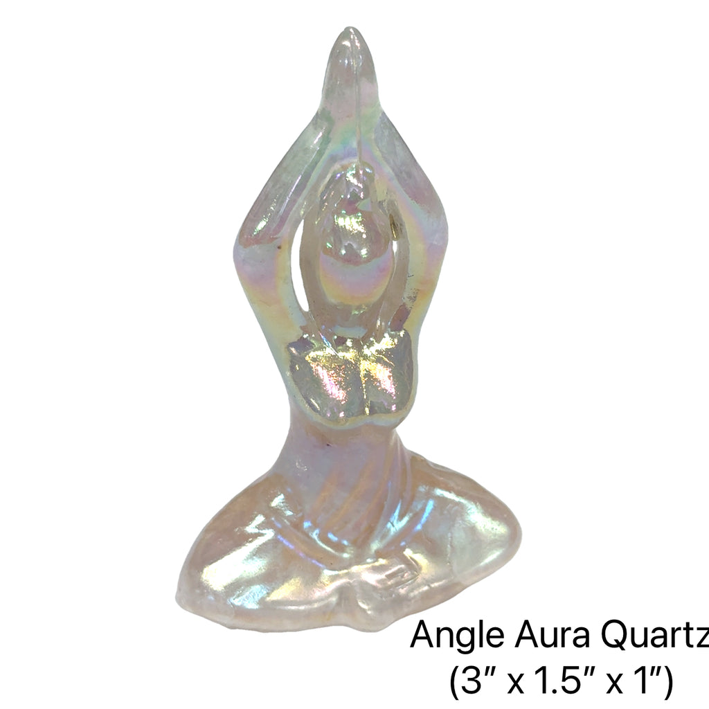 Angle Aura Quartz yoga lady figurine for meditation and mindfulness on white background front view