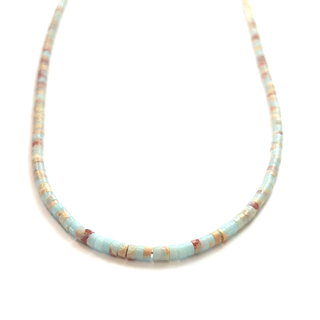Aqua Terra Jasper Gemstone Beaded Necklace on white center hanging overview