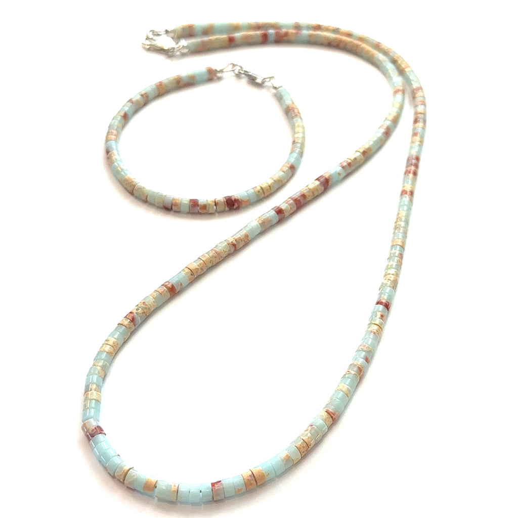 Aqua Terra Jasper Gemstone Beaded Necklace with matching bracelet on white center overview