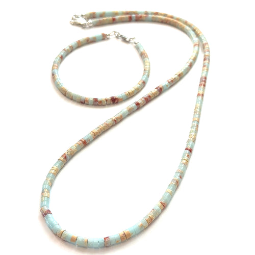 Aqua Terra Jasper Gemstone Beaded Necklace with matching bracelet on white center overview