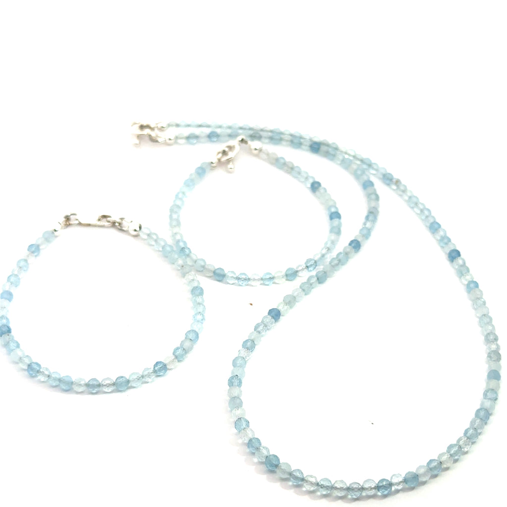 Aquamarine Gemstone Beaded Necklace with matching bracelet on white front and center view