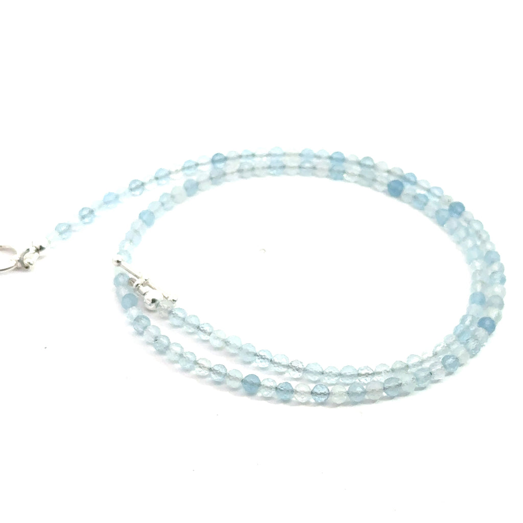 Aquamarine Gemstone Beaded necklace on white right side spiral view