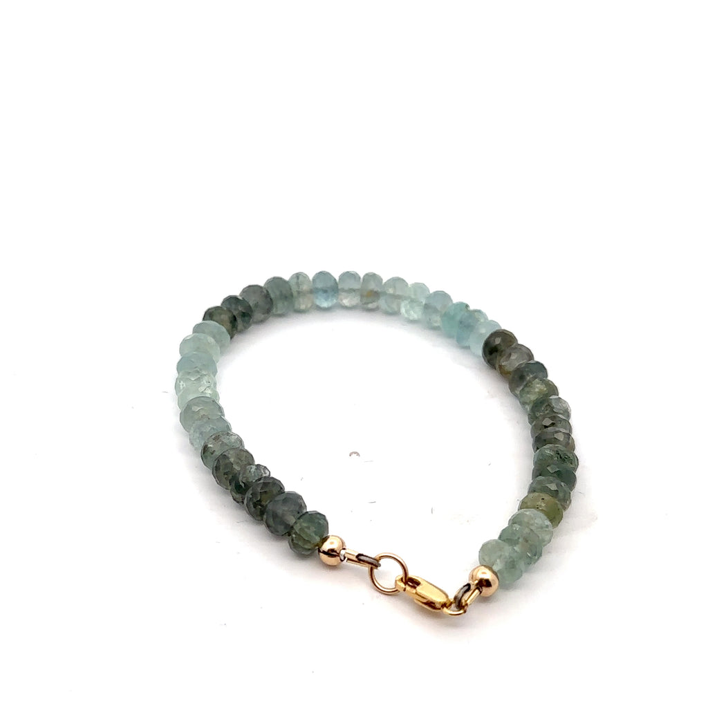 Aquamarine & Moss Agate Gemstone Bracelet on white bottom close up overview