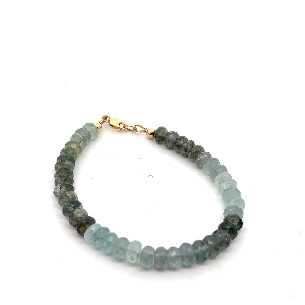 Aquamarine & Moss Agate Gemstone Bracelet on white long angle close up overview