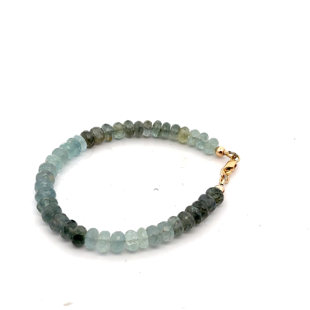 Aquamarine & Moss Agate Gemstone Bracelet on white long right  angle close up overview