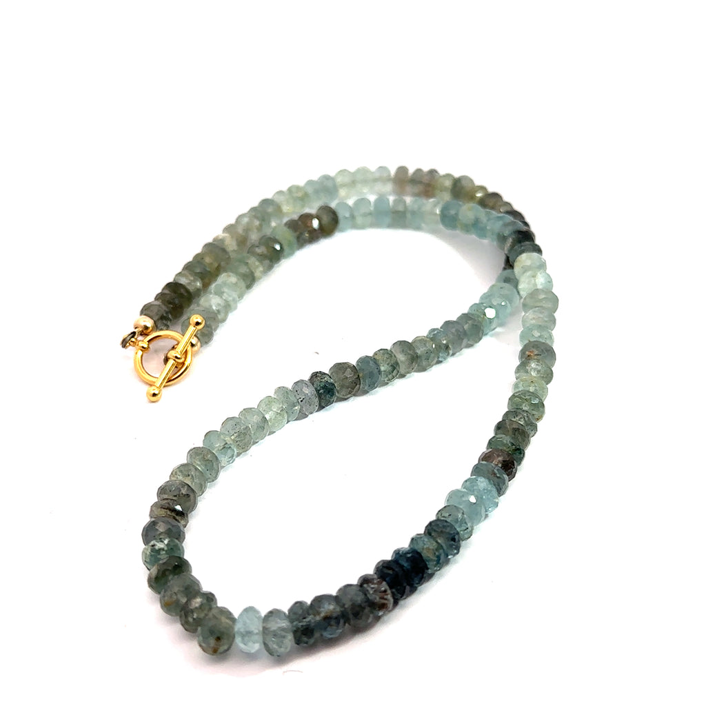 Aquamarine & Moss Agate Gemstone Necklace on white long front overview 