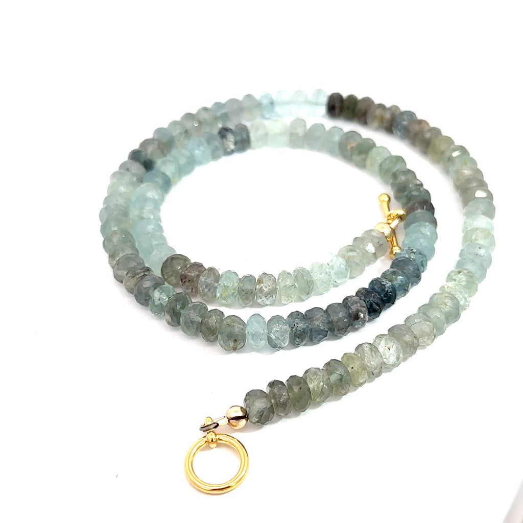 Aquamarine & Moss Agate Gemstone Necklace on white spiral front overview 