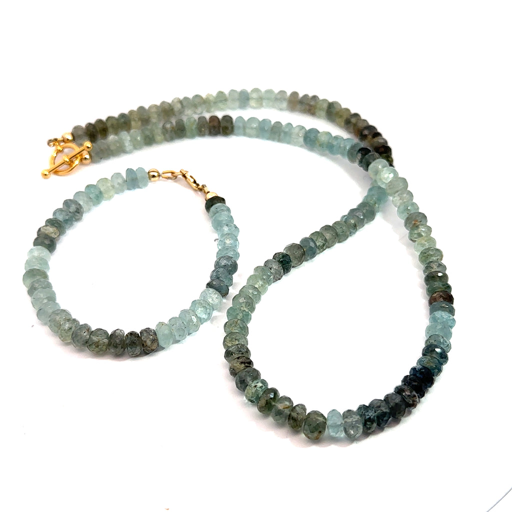 Aquamarine & Moss Agate Gemstone Necklace on white spiral front overview with matching bracelet