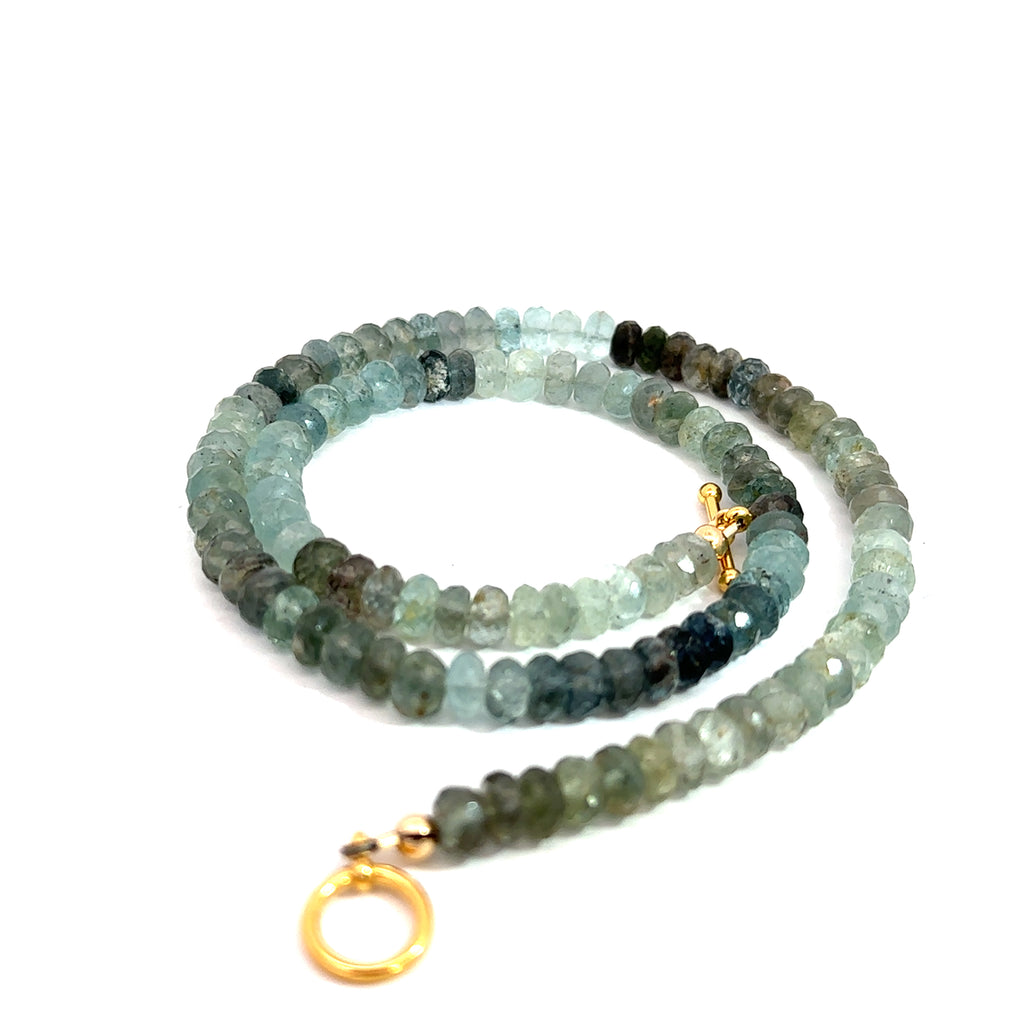 Aquamarine & Moss Agate Gemstone Necklace on white spiral toggle  front view 