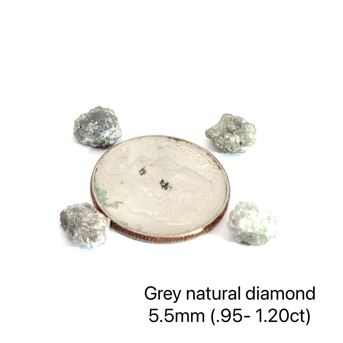 Assorted raw diamonds in perky boxes, representing purity and light. (grey  natural diamond 5.5mm .95- 1.20ct) on white front view