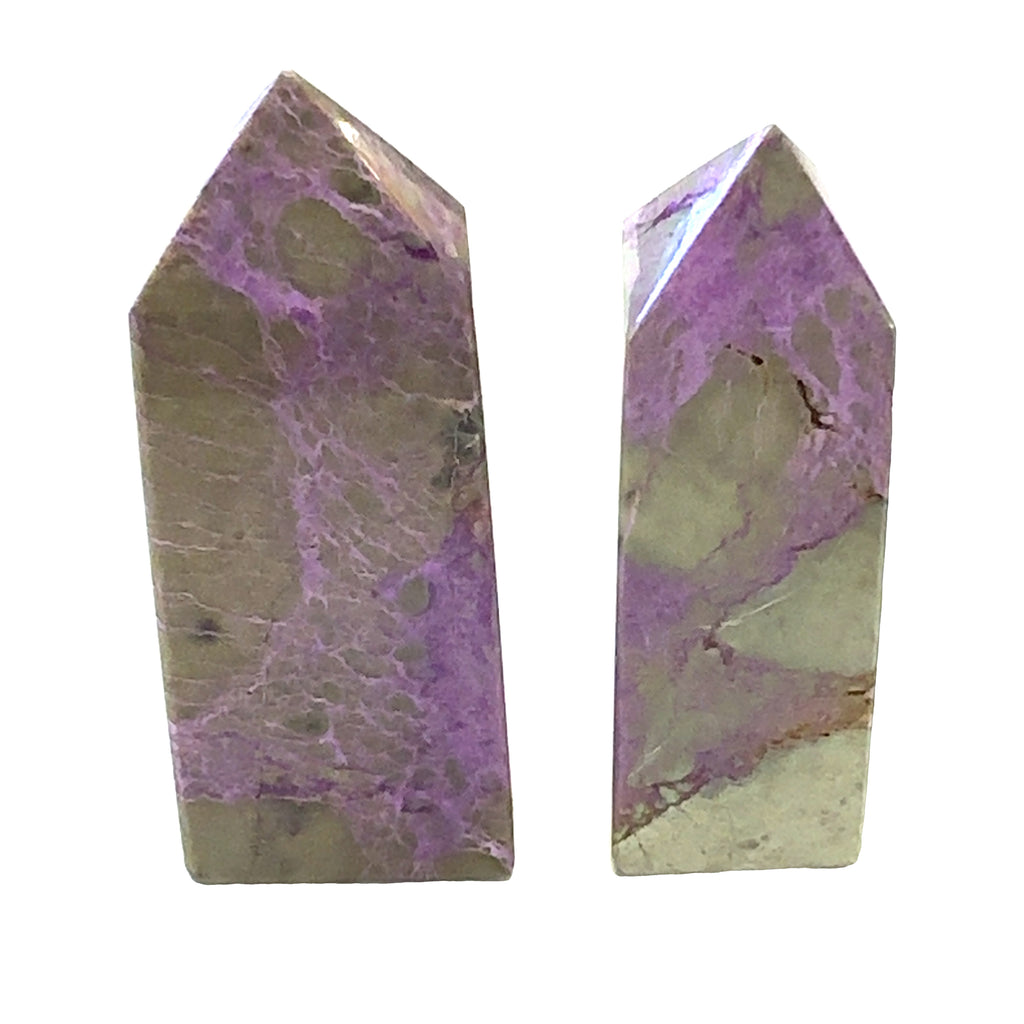 Atlantisite Gemstone Tower grouping  on white front  up close view