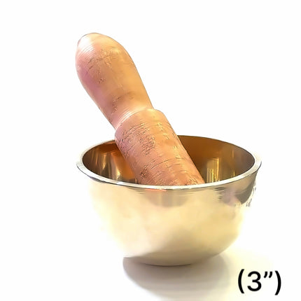 Authentic Himalayan singing bowl handmade in Nepal with mallet in singing bowl on white front overview